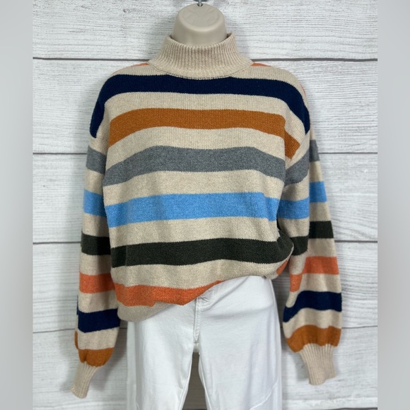 St John's Bay Sweater Knit Multicolor Striped Mock Neck Faux Button Back 💗 - Picture 2 of 7